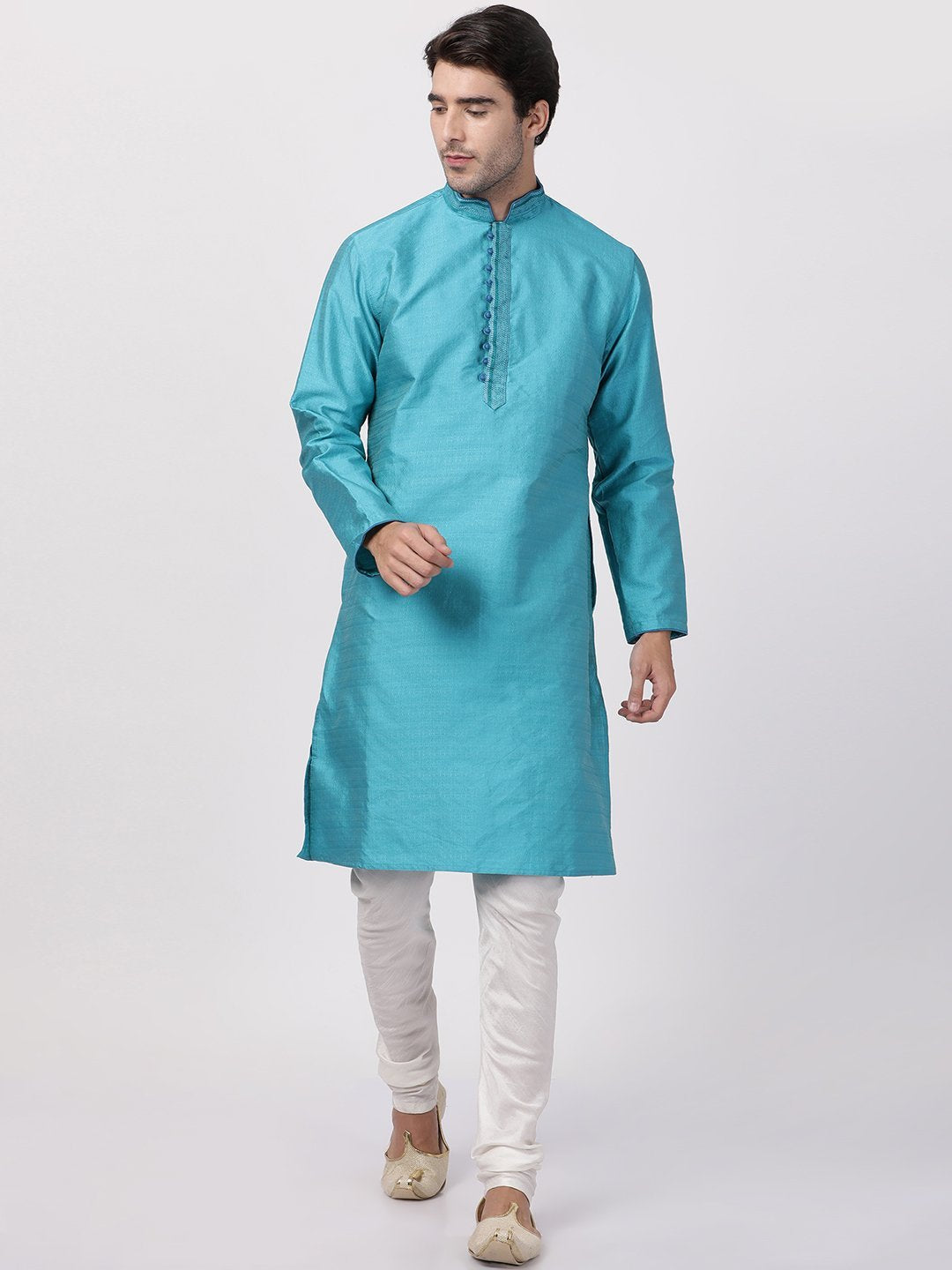 Men's Dark Green Cotton Silk Blend Kurta and Pyjama Set