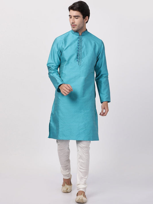 Men's Dark Green Cotton Silk Blend Kurta and Pyjama Set