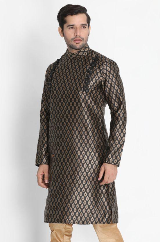 Men's Black Cotton Silk Blend Kurta