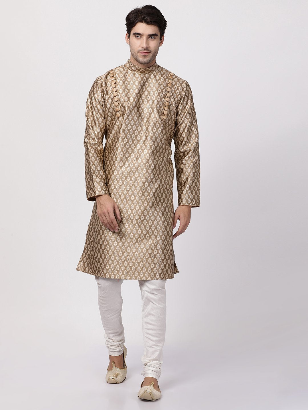 Men's Gold Cotton Silk Blend Kurta and Pyjama Set
