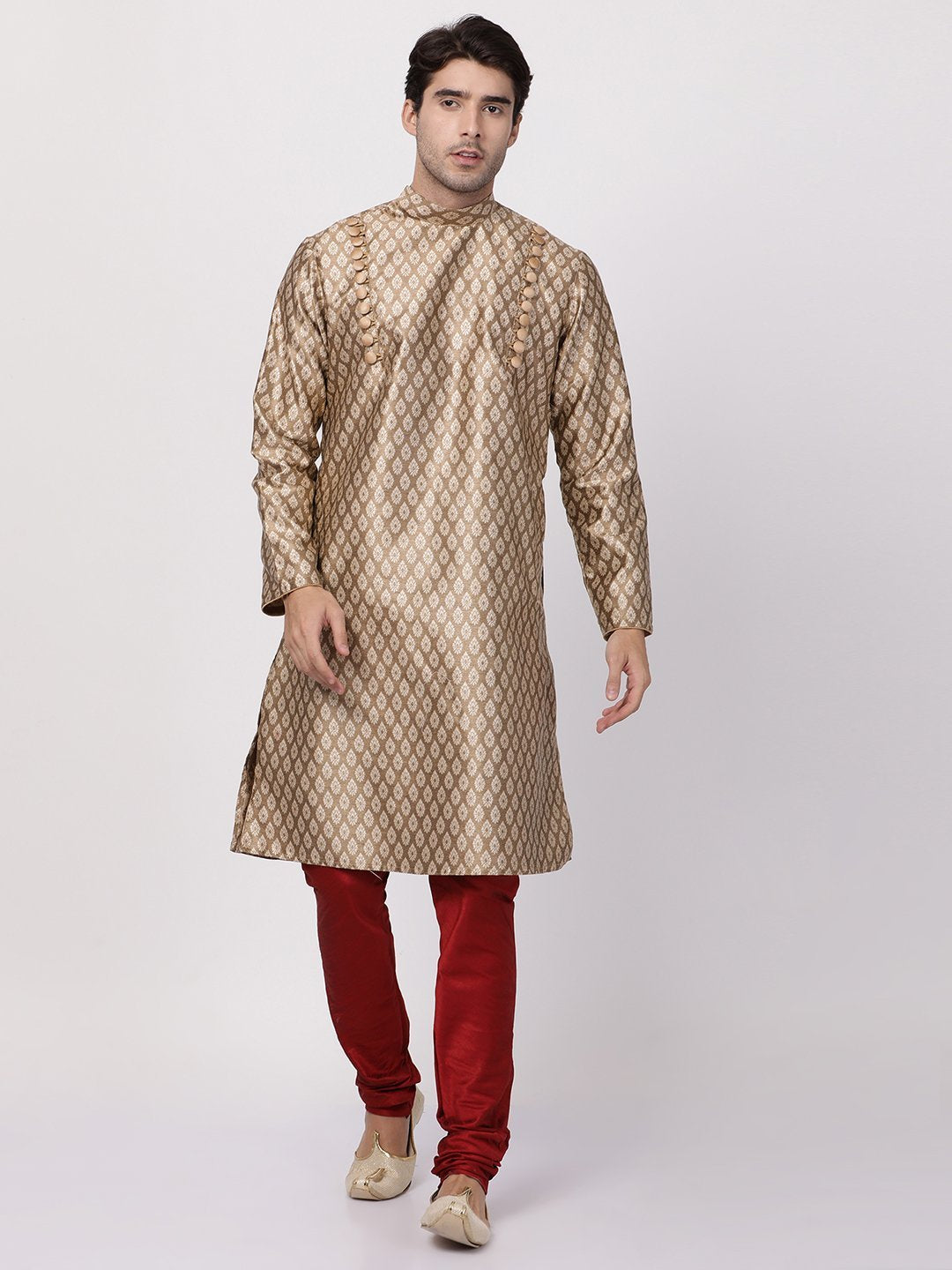 Men's Gold Cotton Silk Blend Kurta and Pyjama Set