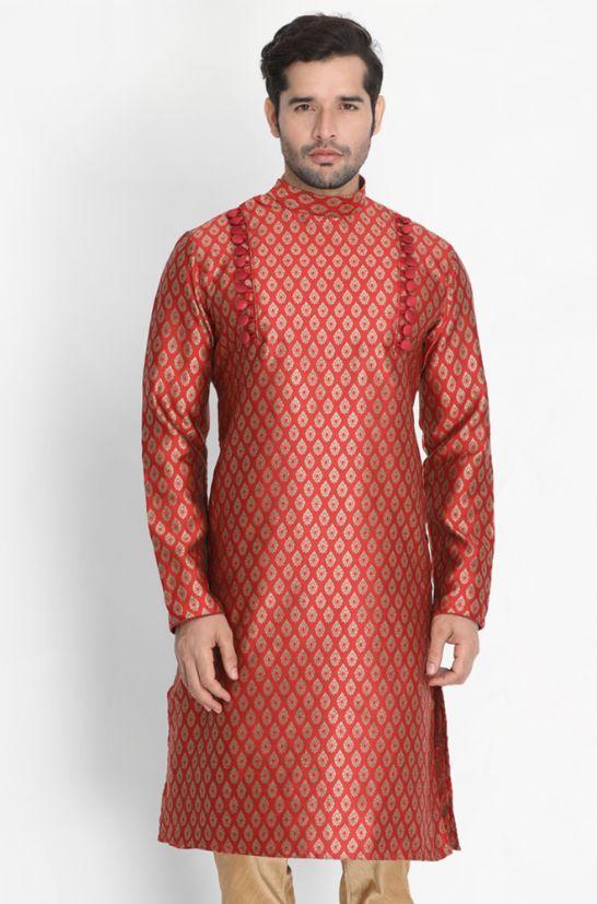 Men's Maroon Cotton Silk Blend Kurta