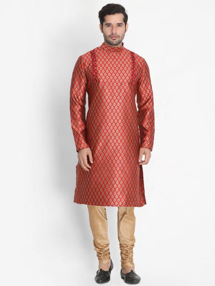 Men's Maroon Cotton Silk Blend Kurta