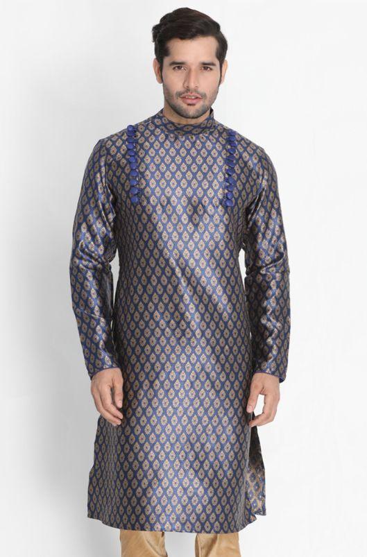 Men's Dark Blue Cotton Silk Blend Kurta
