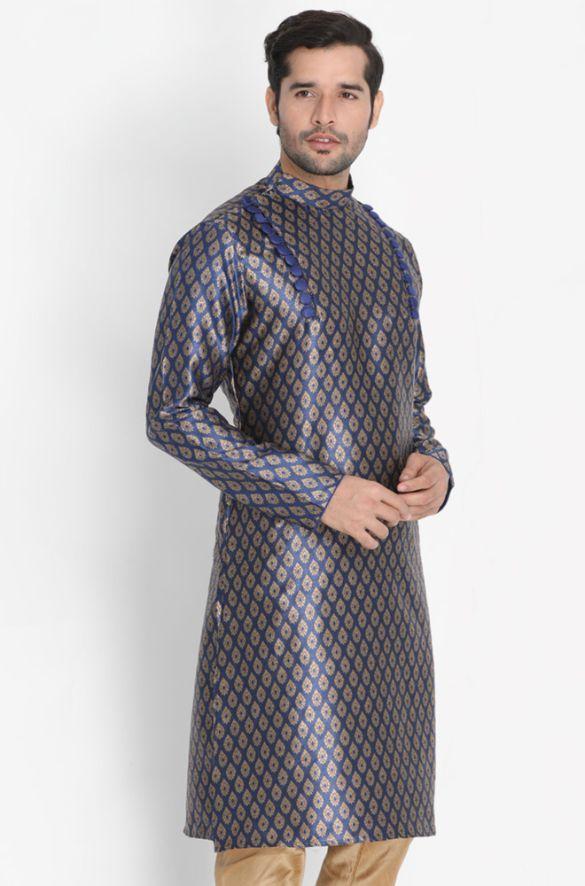 Men's Dark Blue Cotton Silk Blend Kurta