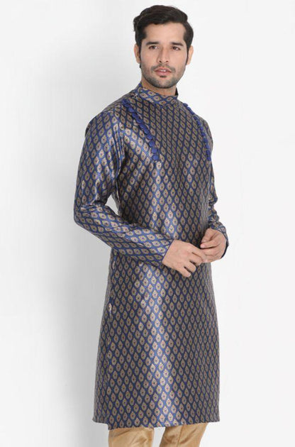 Men's Dark Blue Cotton Silk Blend Kurta