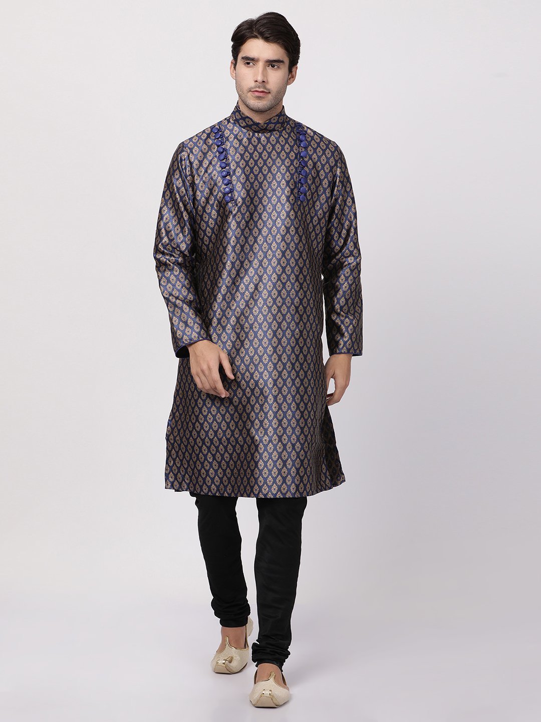Men's Dark Blue Cotton Silk Blend Kurta and Pyjama Set