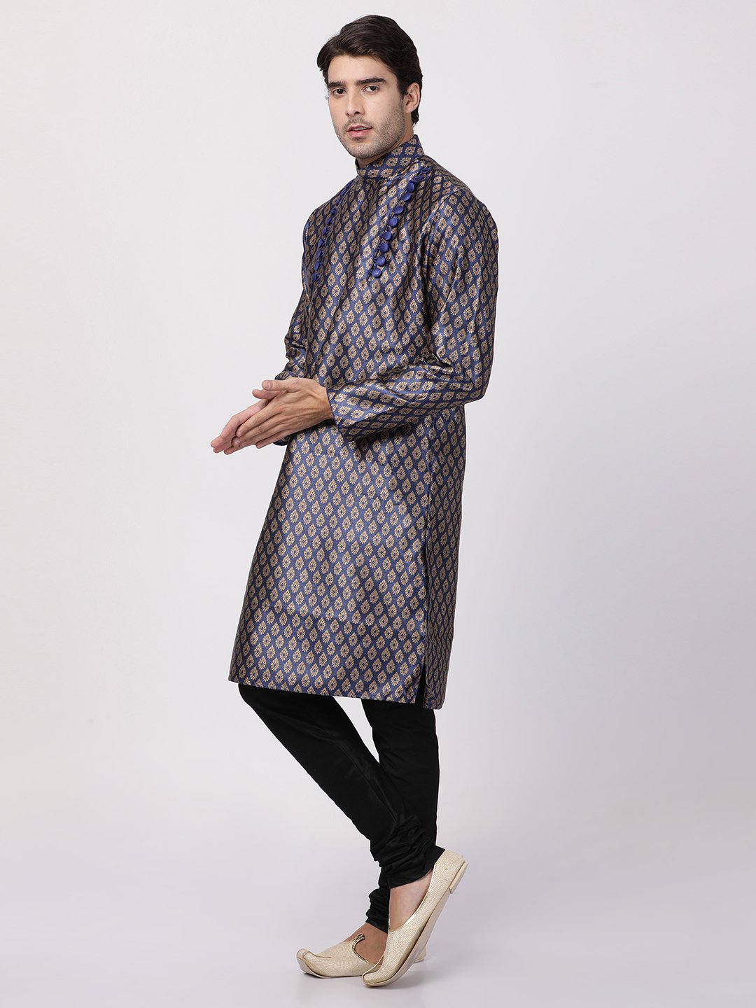 Men's Dark Blue Cotton Silk Blend Kurta and Pyjama Set