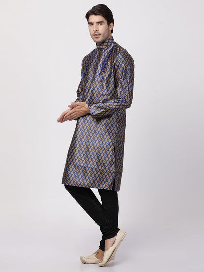 Men's Dark Blue Cotton Silk Blend Kurta and Pyjama Set