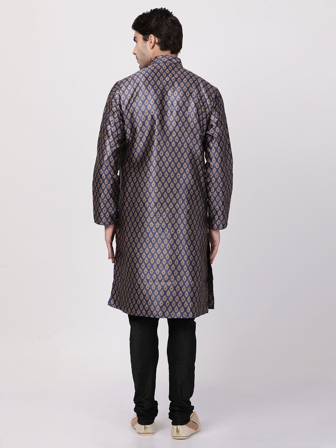 Men's Dark Blue Cotton Silk Blend Kurta and Pyjama Set