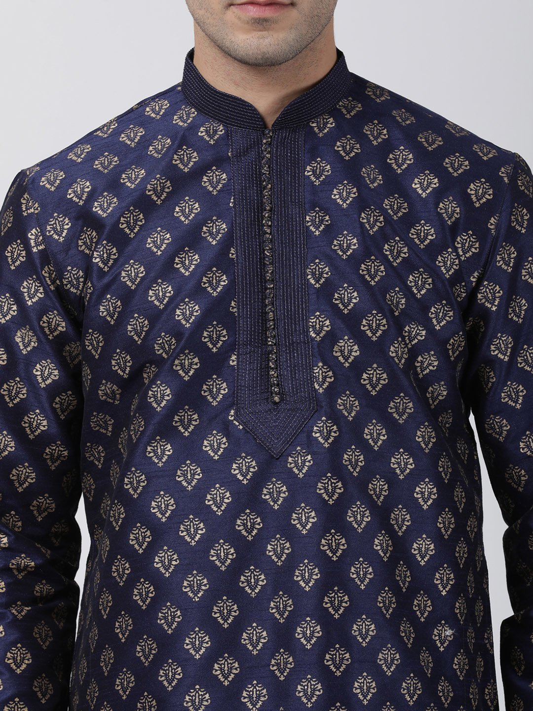 Men's Dark Blue Cotton Silk Blend Kurta and Pyjama Set