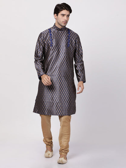 Men's Dark Blue Cotton Silk Blend Kurta and Pyjama Set