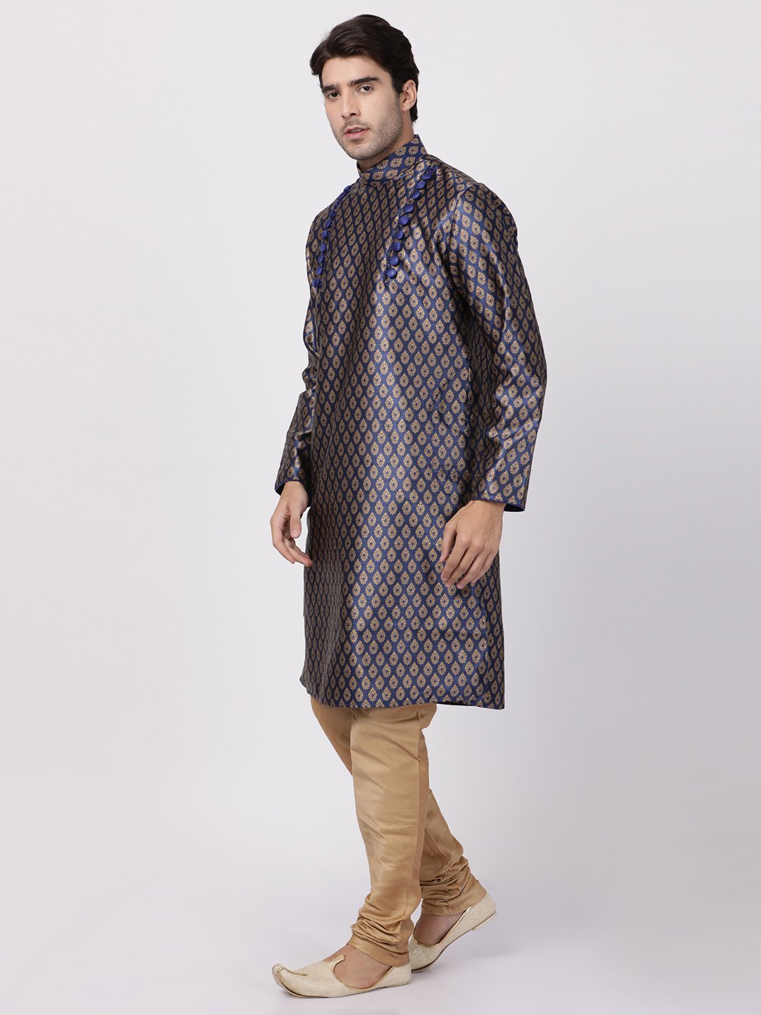 Men's Dark Blue Cotton Silk Blend Kurta and Pyjama Set