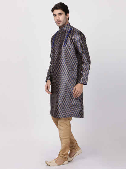 Men's Dark Blue Cotton Silk Blend Kurta and Pyjama Set