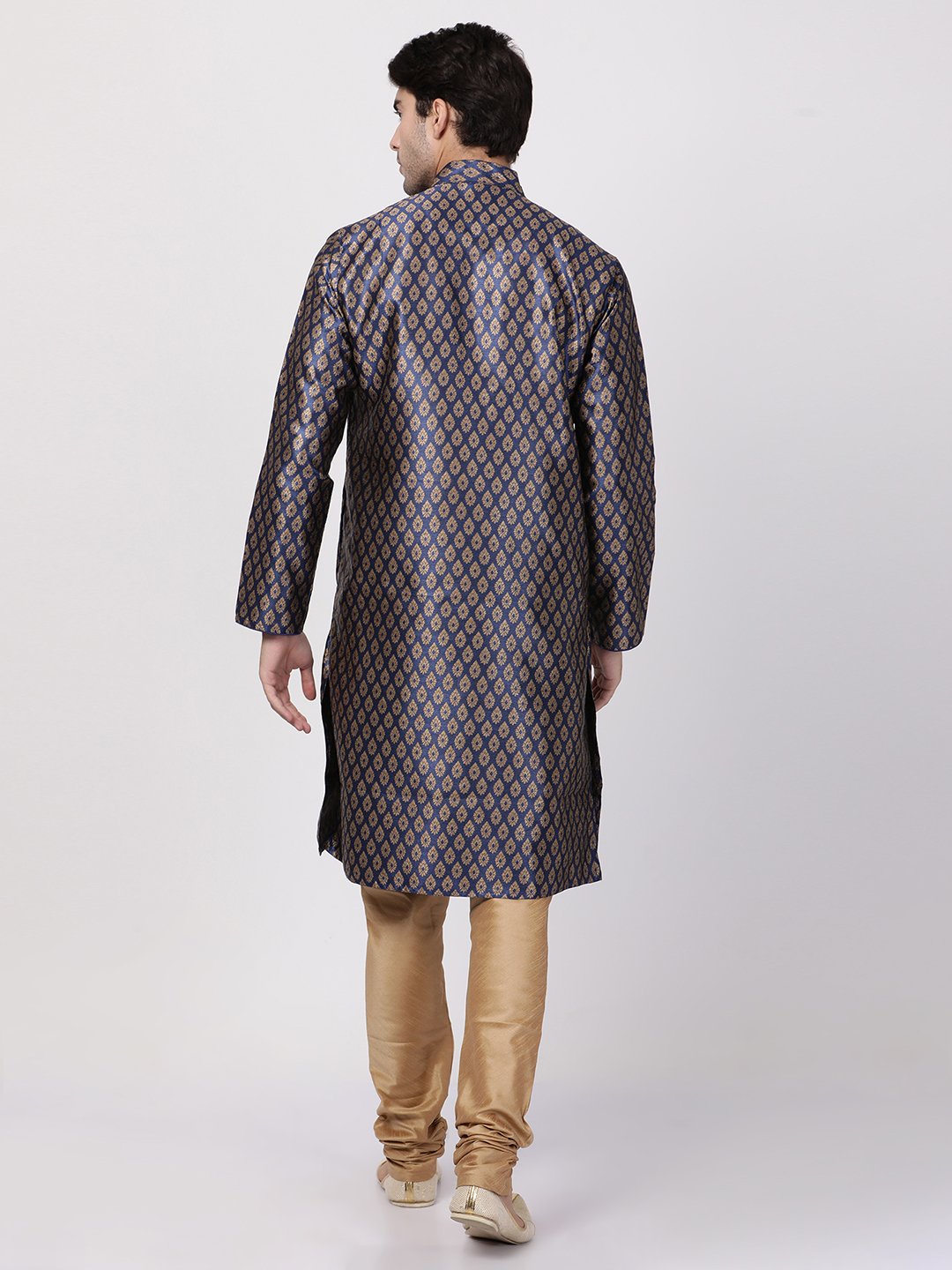 Men's Dark Blue Cotton Silk Blend Kurta and Pyjama Set