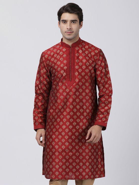 Men's Maroon Cotton Silk Blend Kurta