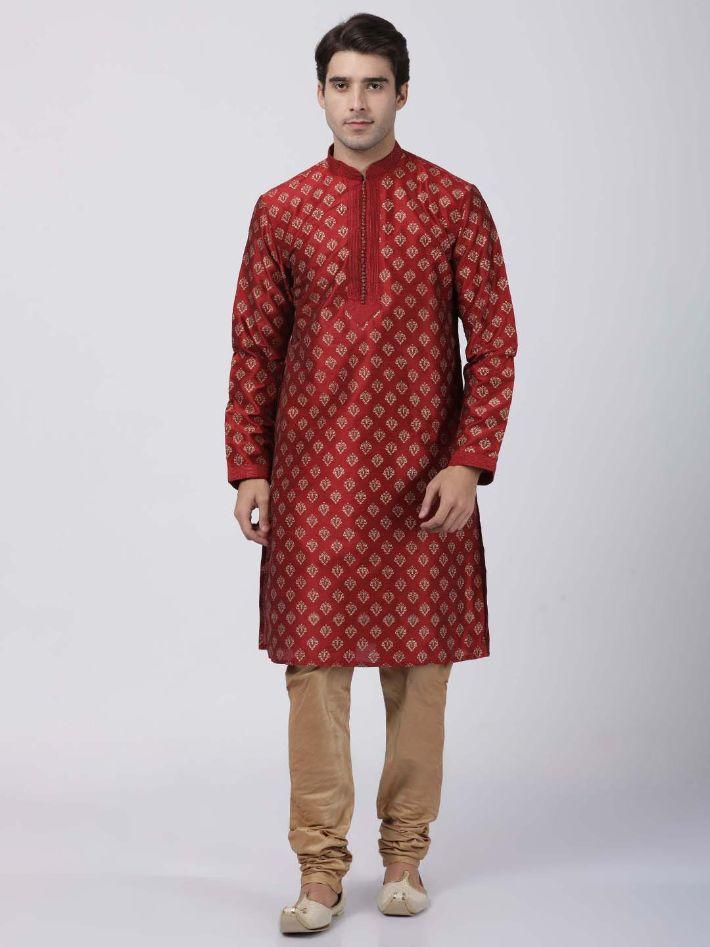 Men's Maroon Cotton Silk Blend Kurta