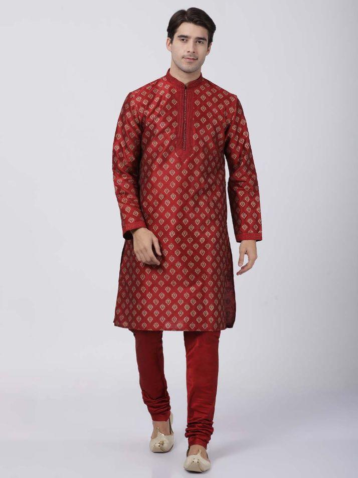 Men's Maroon Cotton Silk Blend Kurta and Pyjama Set