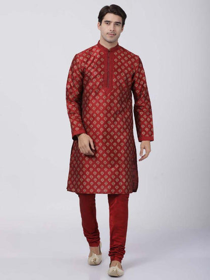 Men's Maroon Cotton Silk Blend Kurta and Pyjama Set