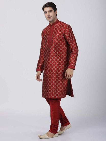 Men's Maroon Cotton Silk Blend Kurta and Pyjama Set