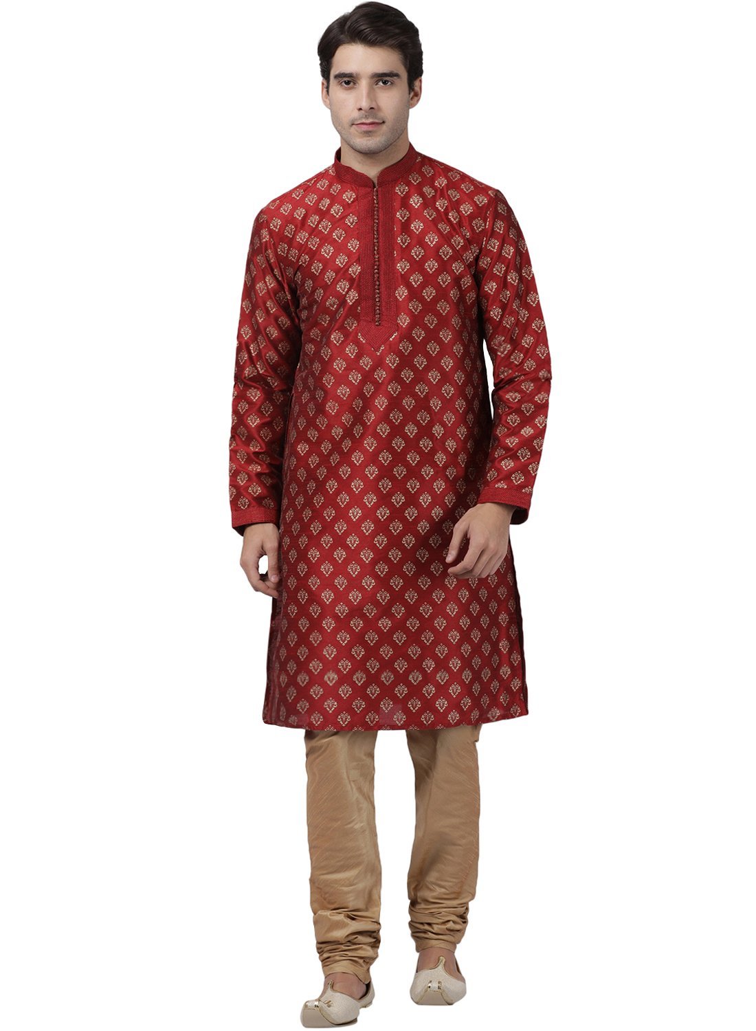 Men's Maroon Cotton Silk Blend Kurta and Pyjama Set