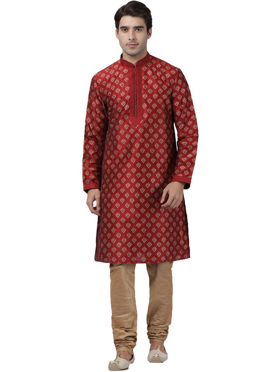 Men's Maroon Cotton Silk Blend Kurta and Pyjama Set