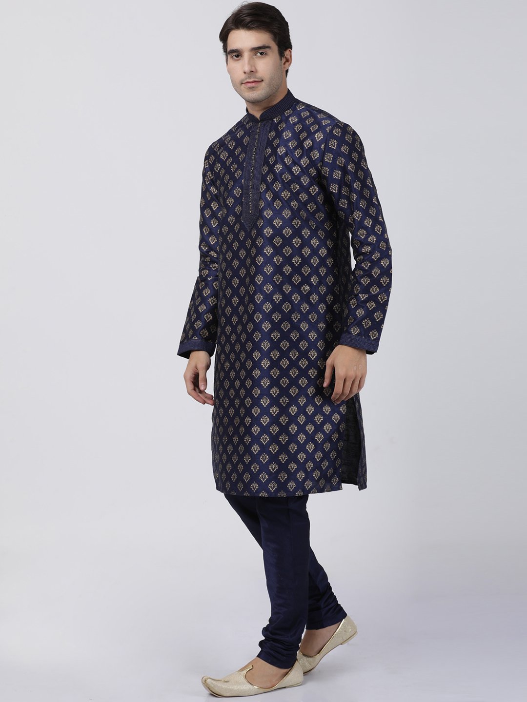 Men's Dark Blue Cotton Silk Blend Kurta and Pyjama Set