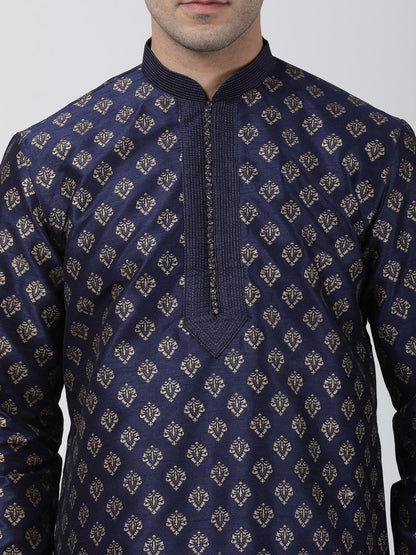 Men's Dark Blue Cotton Silk Blend Kurta and Pyjama Set