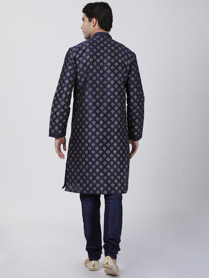 Men's Dark Blue Cotton Silk Blend Kurta and Pyjama Set