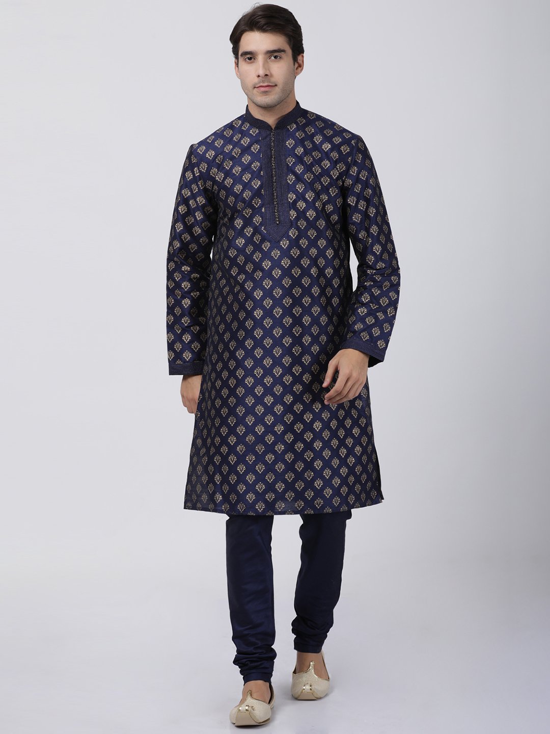 Men's Dark Blue Cotton Silk Blend Kurta and Pyjama Set