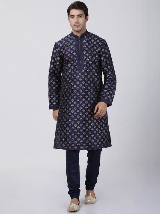 Men's Dark Blue Cotton Silk Blend Kurta and Pyjama Set