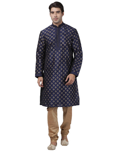 Men's Dark Blue Cotton Silk Blend Kurta and Pyjama Set