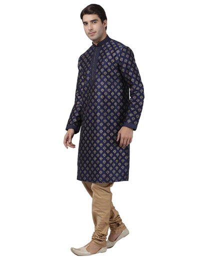 Men's Dark Blue Cotton Silk Blend Kurta and Pyjama Set