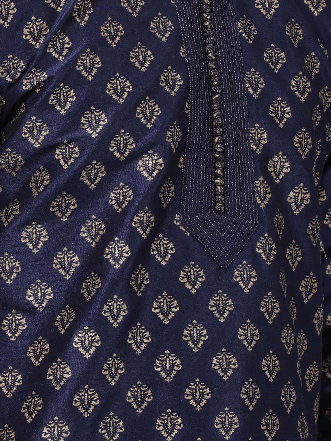 Men's Dark Blue Cotton Silk Blend Kurta and Pyjama Set