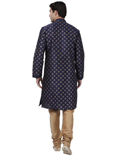 Men's Dark Blue Cotton Silk Blend Kurta and Pyjama Set