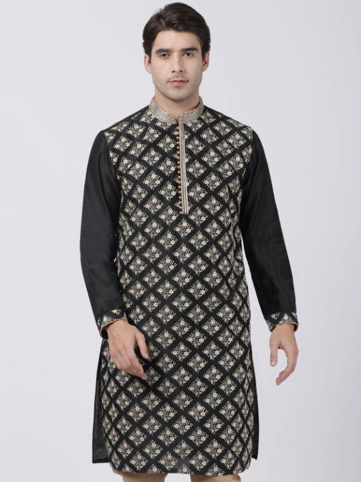Men's Black Cotton Silk Blend Kurta