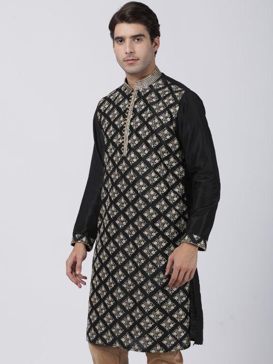 Men's Black Cotton Silk Blend Kurta