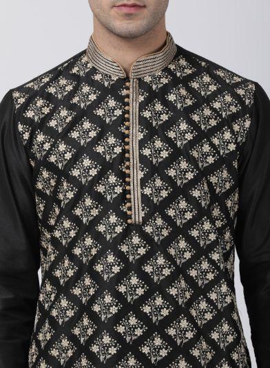 Men's Black Cotton Silk Blend Kurta