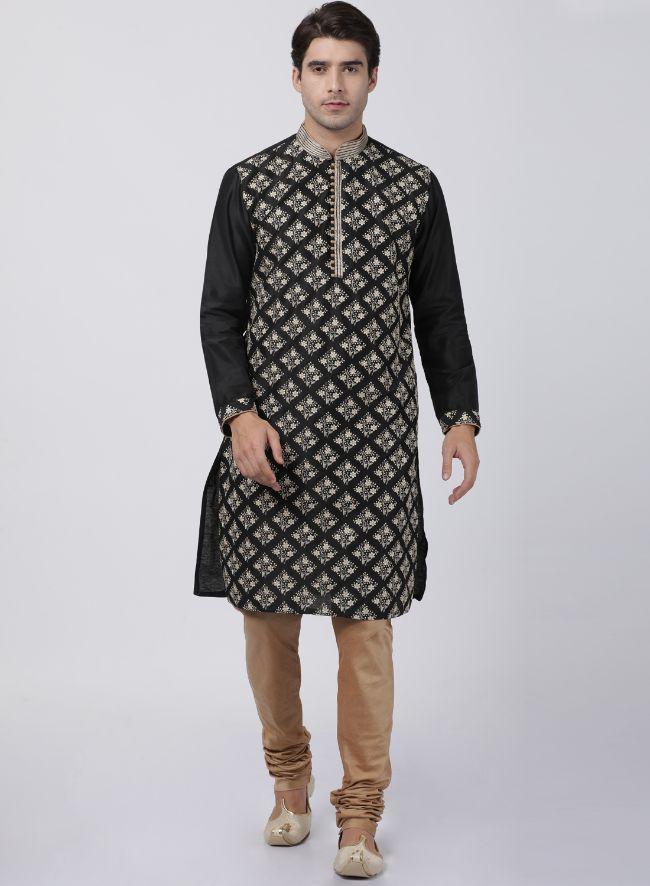 Men's Black Cotton Silk Blend Kurta