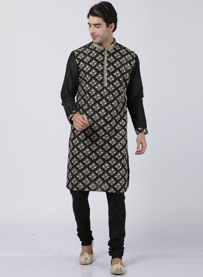 Men's Black Cotton Silk Blend Kurta and Pyjama Set