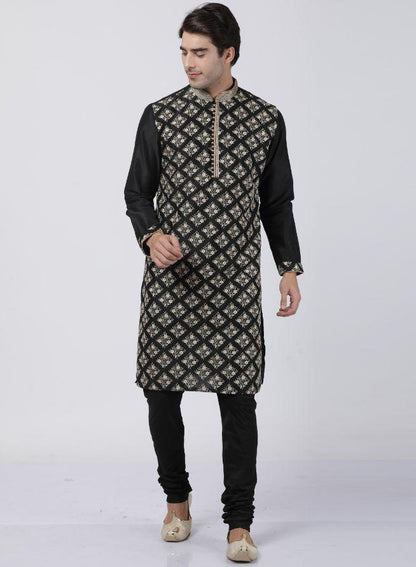 Men's Black Cotton Silk Blend Kurta and Pyjama Set