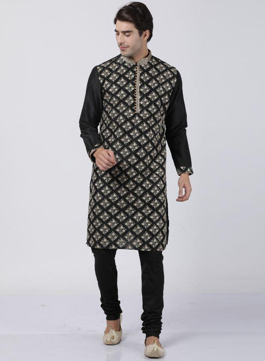 Men's Black Cotton Silk Blend Kurta and Pyjama Set