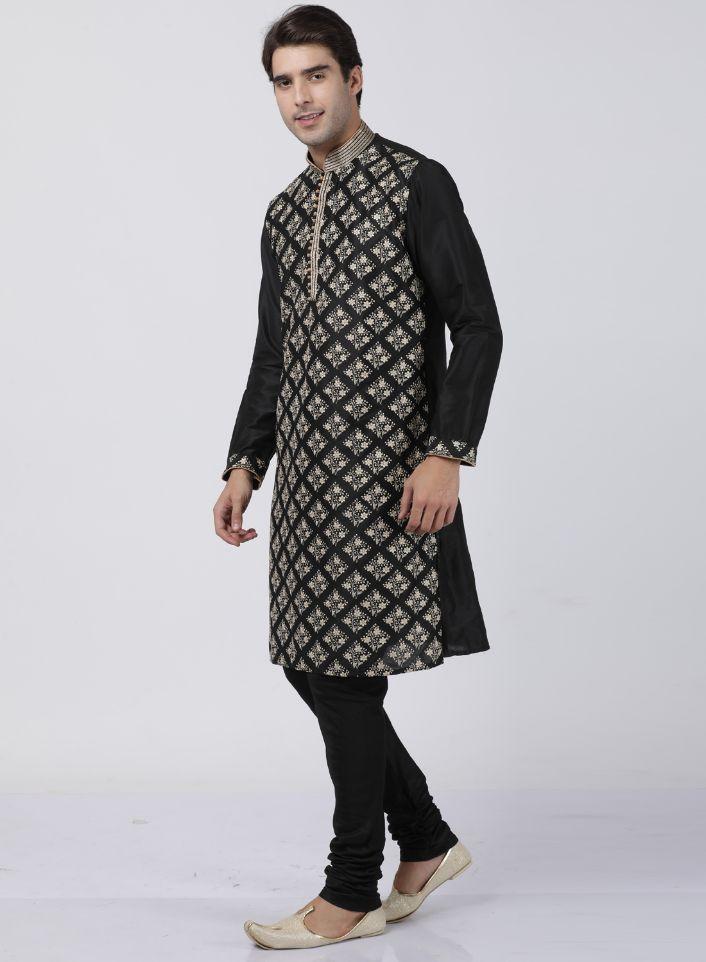 Men's Black Cotton Silk Blend Kurta and Pyjama Set