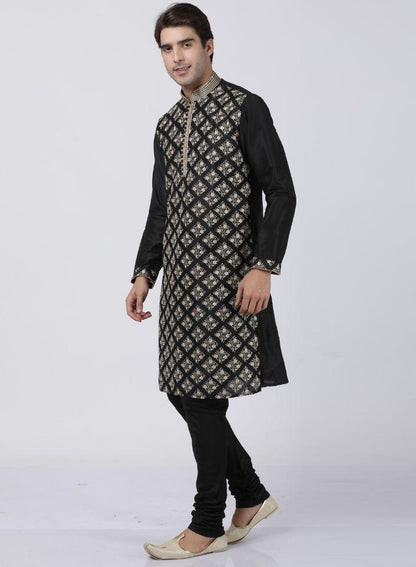 Men's Black Cotton Silk Blend Kurta and Pyjama Set