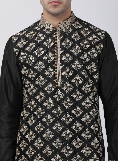 Men's Black Cotton Silk Blend Kurta and Pyjama Set