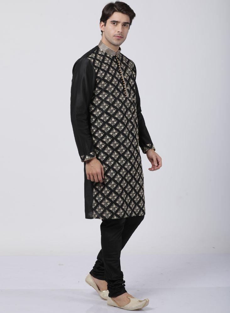 Men's Black Cotton Silk Blend Kurta and Pyjama Set