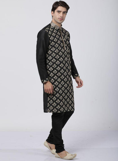 Men's Black Cotton Silk Blend Kurta and Pyjama Set