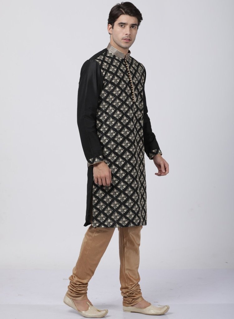 Men's Black Cotton Silk Blend Kurta and Pyjama Set