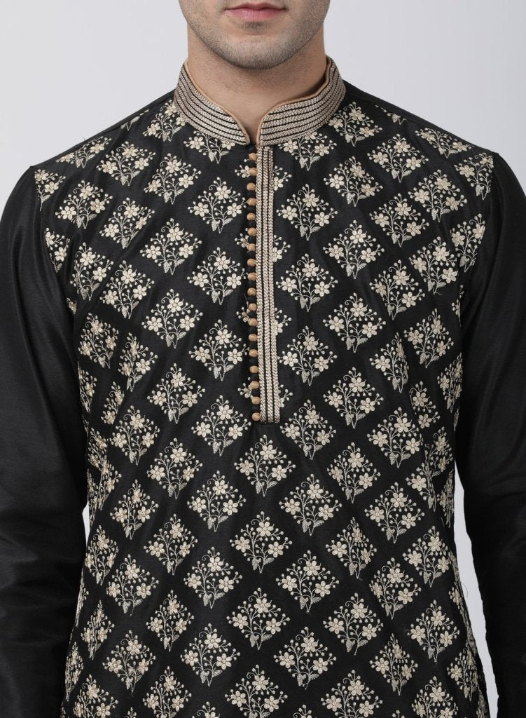 Men's Black Cotton Silk Blend Kurta and Pyjama Set