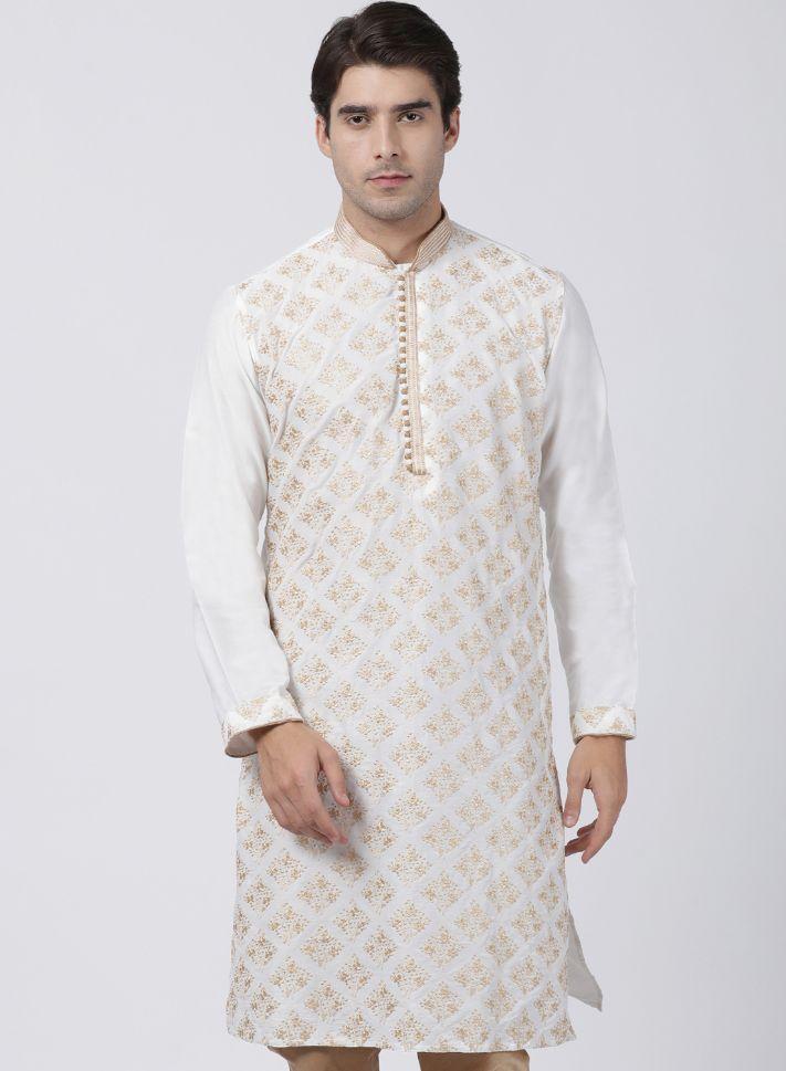Men's White Cotton Silk Blend Kurta